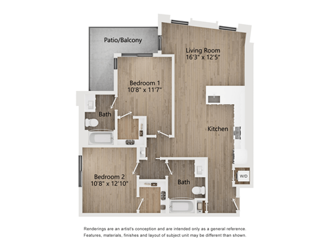Floor plan for 2 beds, 2 baths, 1079 sqft
